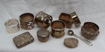 A Victorian silver vesta case, Birmingham, 1888, together with silver napkin rings, pill box etc,