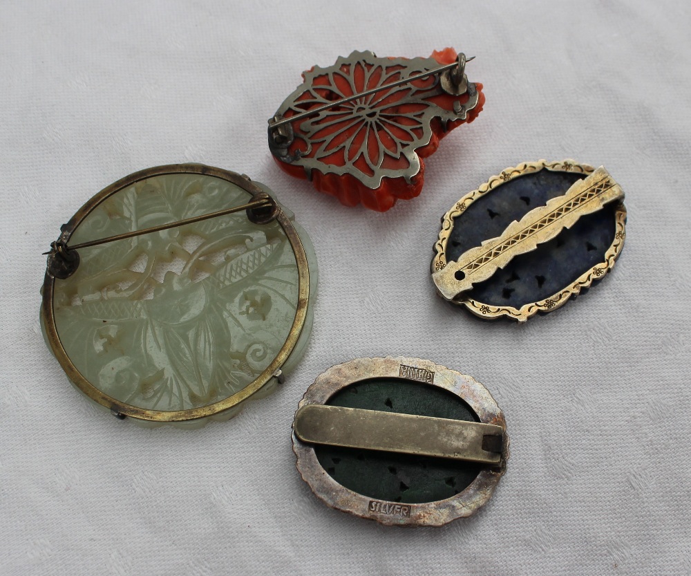 A set of three champleve enamel bangles together with another bangle, a jade brooch, coral brooch, - Image 5 of 5