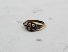 A Victorian pearl and turquoise ring, of pointed oval form, to a yellow metal setting and shank,