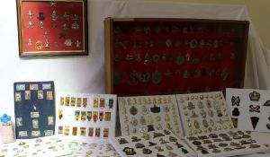 A large collection of military cap badges, including The Queens, Royal Warwickshire, North Stafford,