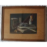 20th century British School Still life study of a pipe and books Watercolour Initialled MC 34 x 45.