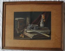 20th century British School Still life study of a pipe and books Watercolour Initialled MC 34 x 45.