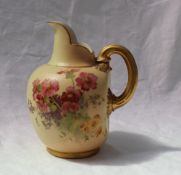 A Royal Worcester flat back jug, decorated with flower heads and leaves to an ivory ground,