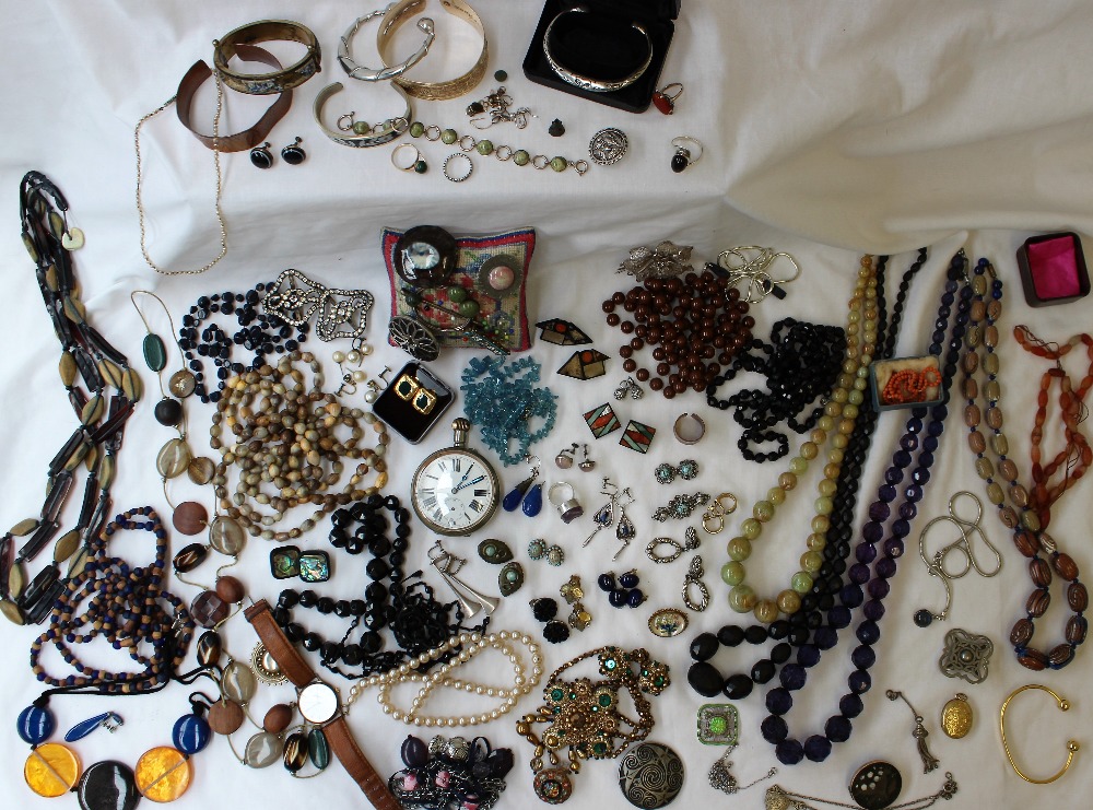 Assorted costume jewellery including bead necklaces, watches, bangles, goliath open faced watch,