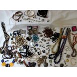 Assorted costume jewellery including bead necklaces, watches, bangles, goliath open faced watch,