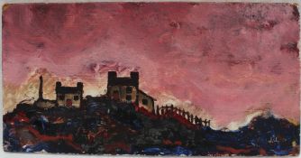 Jack Jones Cottages on a hill with a brooding rose pink sky beyond Oil on board Initialled 12.