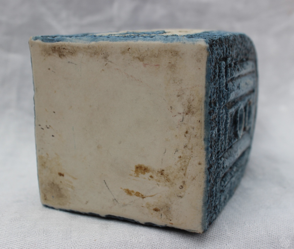 A Troika pottery vase of square form decorated with geometric patterns to a blue ground, unmarked, - Image 4 of 5