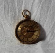 A yellow metal fob watch, the gilt dial with Roman numerals,