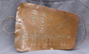 A copper twin handled tray of tapering form decorated with a King and Queen,
