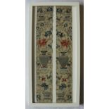 A pair of Chinese embroidered panels, adorned with vases and flower heads,