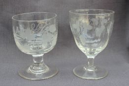 A 19th century glass rummer engraved hops and leaves and initialled 12cm high,