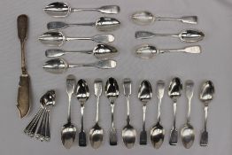 A Victorian silver fish knife, together with assorted tea spoons, sugar nips etc,