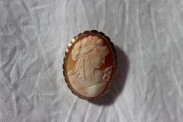 A shell cameo brooch in the form of a maiden in profile to a yellow metal mount and clasp,