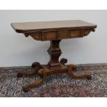 A Regency mahogany card table, the fold over top with a baize interior,