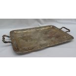 A Chinese white metal twin handled tray, the edge and handles in faux bamboo,