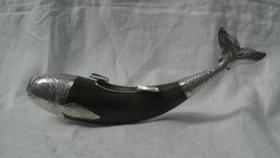 A white metal and horn ashtray in the form of a fish,
