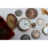 A gold plated Omega keyless wound full hunter pocket watch,