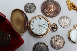 A gold plated Omega keyless wound full hunter pocket watch,
