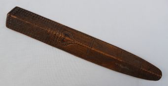 An 18th century treen stay bust love token, with geometric patterns, a heart and twin harps,