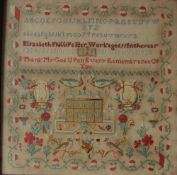A 19th century woolwork sampler, which includes the alphabet, a house, flowers and birds,