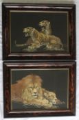A Japanese silkwork picture of two tigers, to a black background,