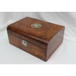 A Victorian burr walnut jewellery box, the top inlaid with mother of pearl and abalone shell,