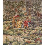 A 19th century tapestry picture of huntsmen, in a landscape,