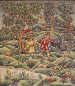 A 19th century tapestry picture of huntsmen, in a landscape,