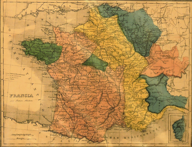 RAMON ALABERN mapa de Francia s.XIX, coloreado, 25x30 cm.