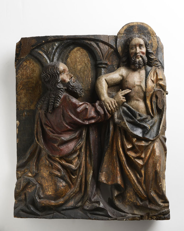 A LATE GOTHIC RELIEF PLATE WITH CHRIST AND DOUBTING THOMAS / Around 1500, Germany