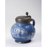 A SMALL HABÁN PITCHER WITH A PEWTER LID / 1696, western Slovakia Blue glaze, pewter lid with an