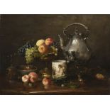 VACLAV BROZIK (1851-1901): STILL LIFE WITH FRUIT AND A KETTLE