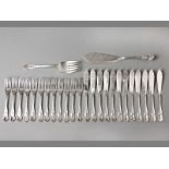 A TWELVE PLACE SILVERPLATE FISH SET comprising 12 knives, 12 forks and a pair of servers, reeded