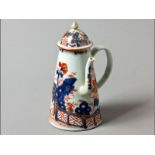 AN EARLY 18TH CENTURY CHINESE IMARI LIGHTHOUSE-FORM SIDE- HANDLED CHOCOLATE POT decorated in