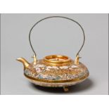 A VERY FINE JAPANESE SATSUMA TEAPOT, MEIJI PERIOD minutely decorated with a scene of the cherry