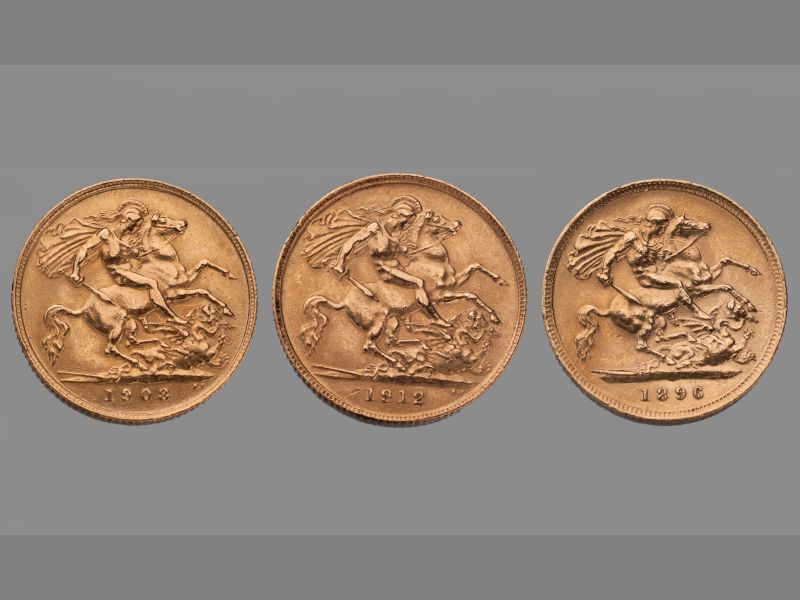 THREE HALF SOVEREIGNS dated 1896, 1908 and 1912, 12g, (3).
