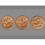 THREE HALF SOVEREIGNS dated 1896, 1908 and 1912, 12g, (3).