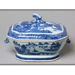 AN 18TH CENTURY CHINESE SOUP TUREEN decorated in underglaze blue depicting a river and pagoda