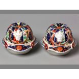 AN ATTRACTIVE PAIR OF IMARI TRINKET BOXES, 19TH CENTURY in the form of Samurai helmets, chip to