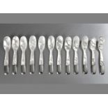 A SET OF TWELVE .925 STD SILVER AND MOTHER-OF-PEARLS SPOONS, baring mark "HB" in a shield, (12)