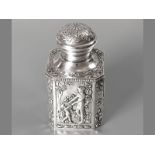 A CONTINENTAL ,800 STD SILVER TEA CADDY, removable top with embossed flowersad swags, quartered