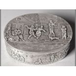 A GERMAN ,925 STD SILVER OVALN TRINKET BOX, the hinged cover, embossed with a tavern scene, body