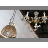 A THREE BRANCH GLASS & CHANDELIER & ANOTHER HANGING LAMP (2)