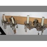 A PAIR OF BRONZED METAL & GLASS WALL SCONCES