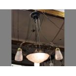 A WROUGHT IRON & GLASS HANGING LAMP, 104cm high