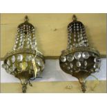 A PAIR OF BRASS AND CRYSTAL WALL SCONCES