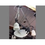 A WROUGHT IRON & GLASS HANGING LAMP, 100cm high