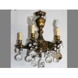 A BRASS & GLASS FIVE-LIGHT CHANDELIER, 45cm high