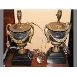 A PAIR OF BRONZE & MARBLE TABLE LAMPS, 42cm high