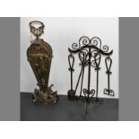 A BRASS ART NOUVEAU-STYLE FOLDING FIRE SCREEN AND WROUGHT IRON FIRE TOOLS